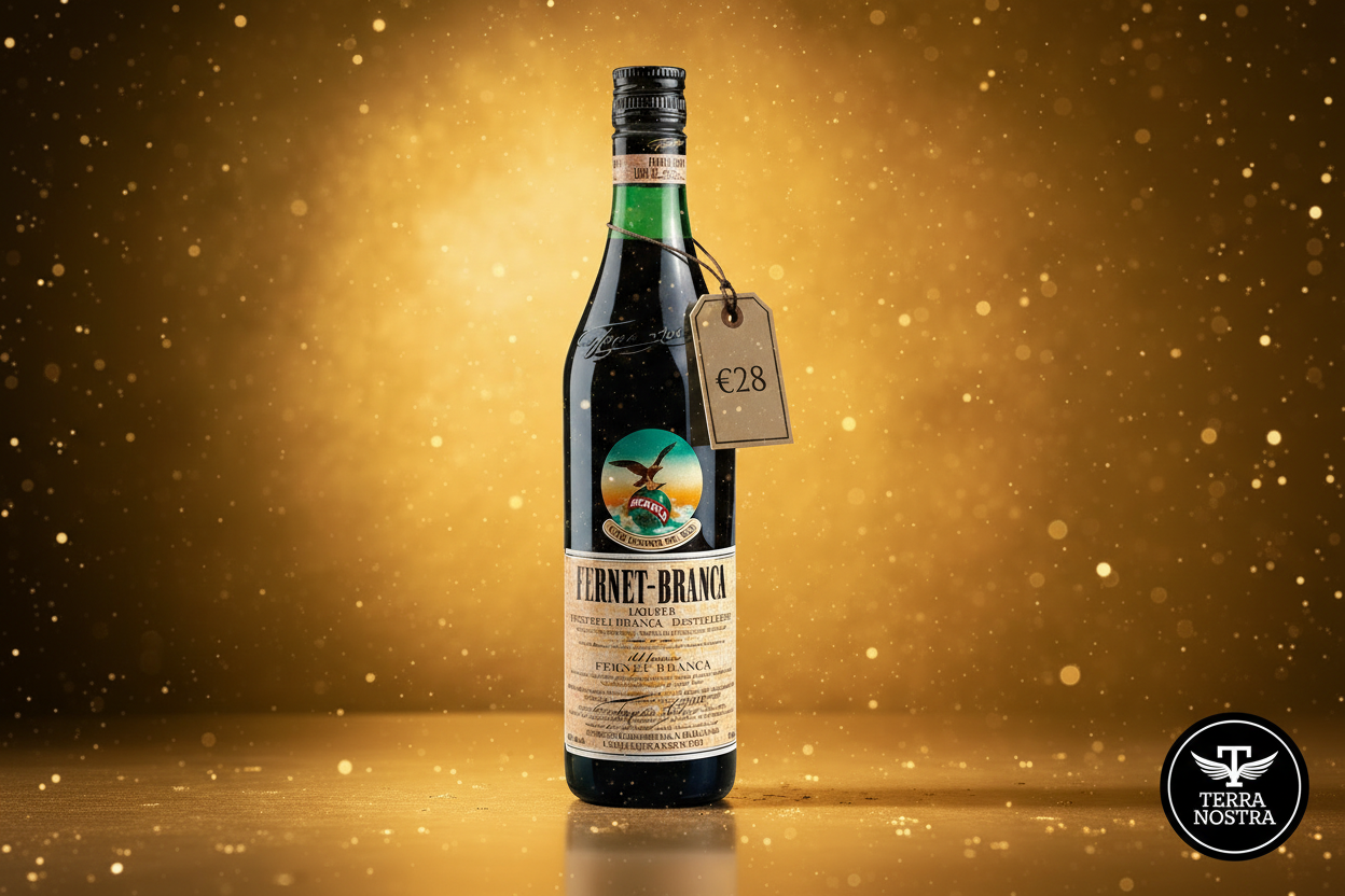 Fernet-Branca bottle with golden bokeh background and Terra Nostra logo