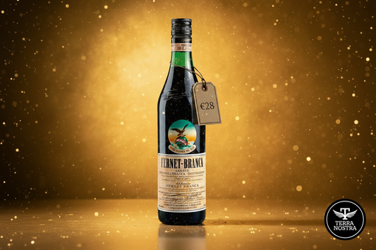 Fernet-Branca bottle with golden bokeh background and Terra Nostra logo