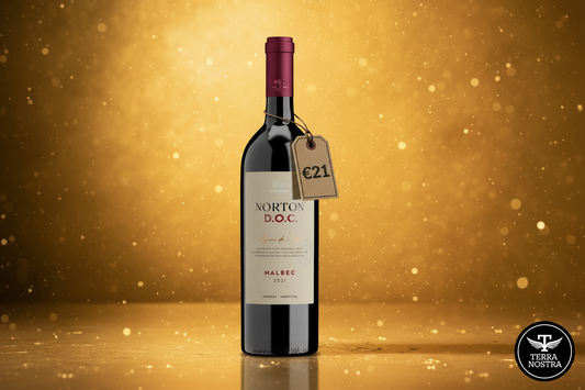 Norton D.O.C. Malbec bottle with golden bokeh background and Terra Nostra logo