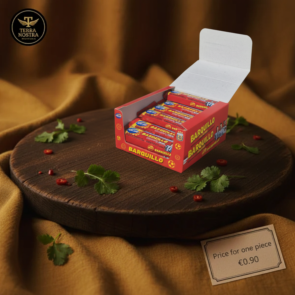 Open Arcor Barquillo peanut nougat display box with Price for one piece €0.90 card