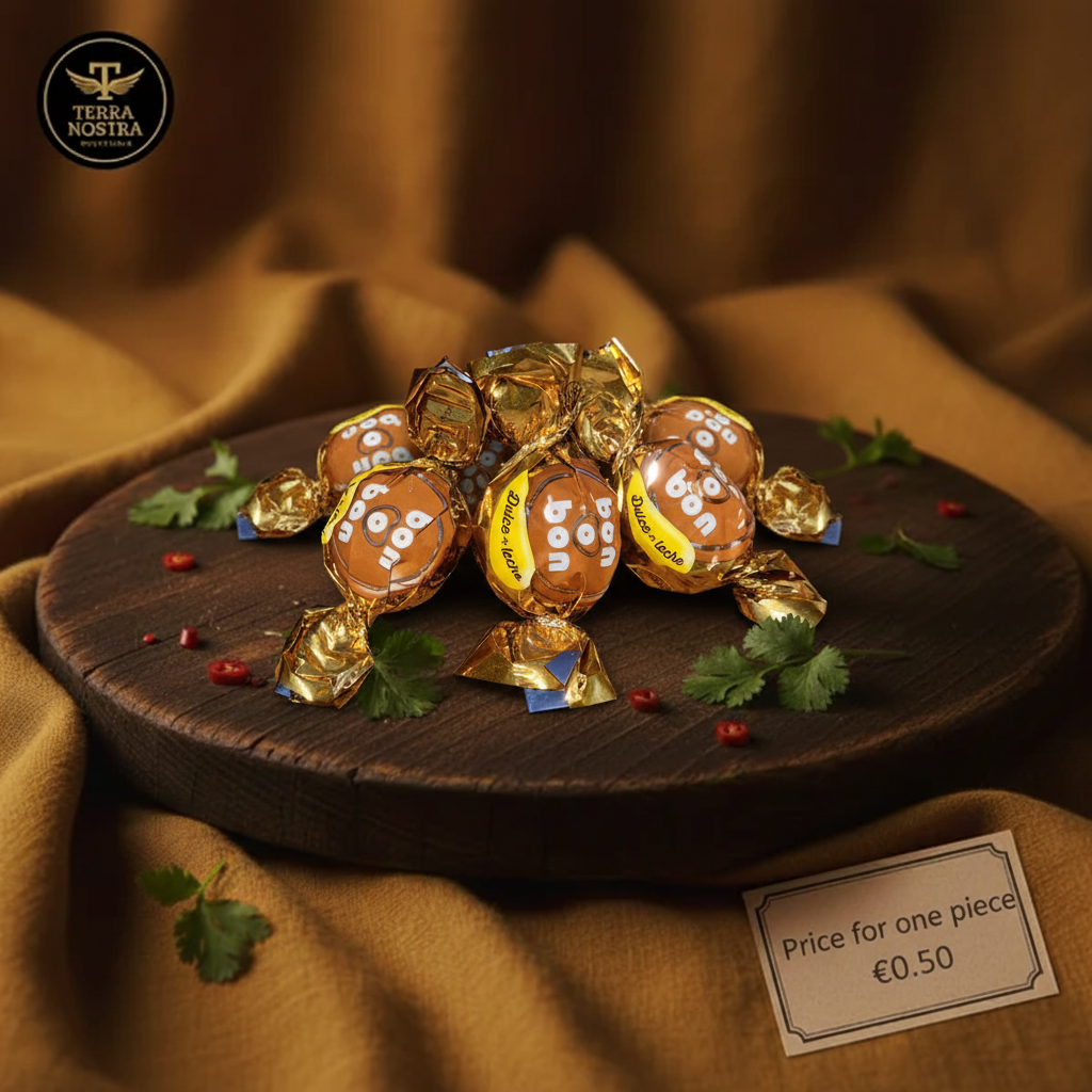 Bon o Bon chocolates with Terra Nostra logo and Price for one piece €0.50 card