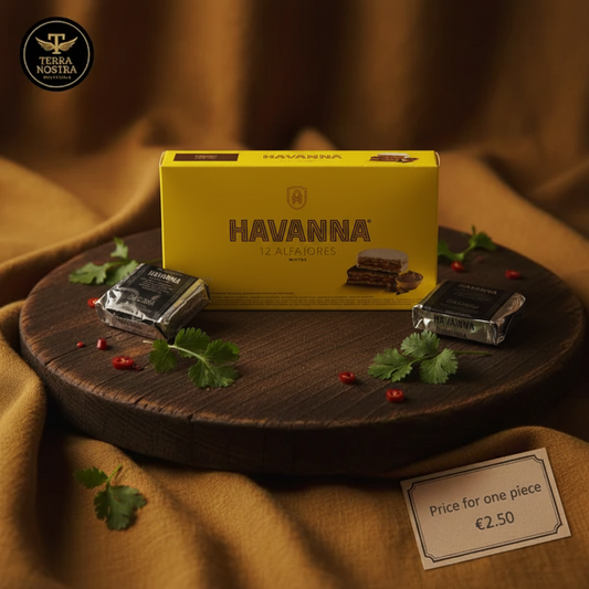 Yellow Havanna Alfajores box with Terra Nostra logo and Price for one piece €2.50 card