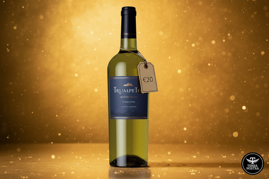 Trumpeter Torrontes white wine bottle with golden bokeh background and Terra Nostra logo