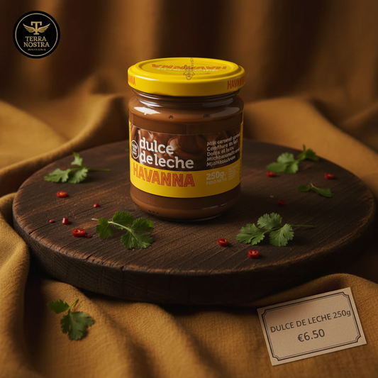 Havanna Dulce de Leche 250g jar displayed on a Terra Nostra wooden serving board