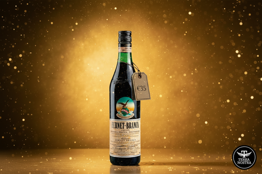 Fernet Argentino bottle with golden bokeh background and Terra Nostra logo