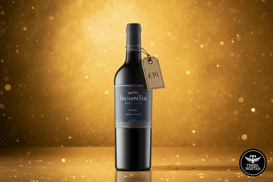 Trumpeter Malbec 375ml bottle with golden bokeh background and Terra Nostra logo