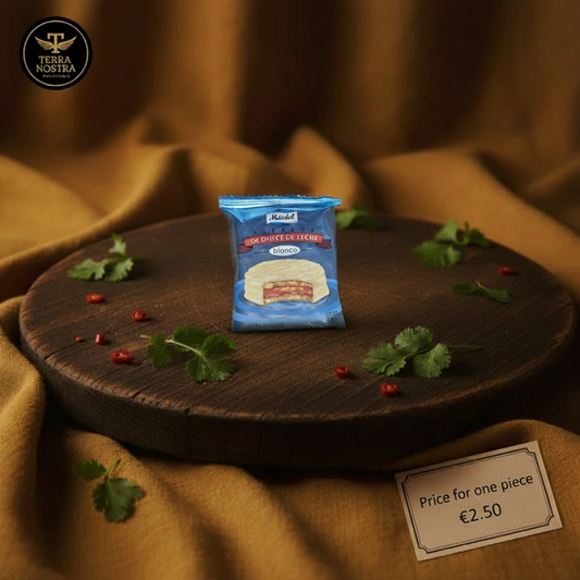 Mardel Blanco dulce de leche alfajor on the existing product image with Terra Nostra logo and price for one piece €2.50