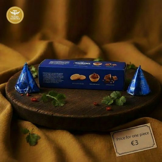 Blue Havanna dulce de leche cones with the supplied Terra Nostra logo and a Price for one piece €3 card